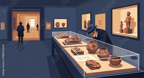 Man examining ancient artifacts in museum display case.