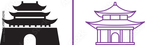 Set of pagoda icons in silhouette and outline styles representing Asian architecture vector illustration