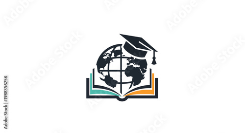 Global education logo: graduation cap atop a world globe resting on an open book