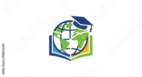 Global education logo: graduation cap, world map inside a book, online learning