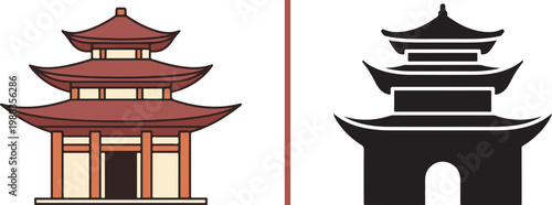 Traditional Asian pagoda temple vector illustration and black silhouette icon set for travel and cultural design