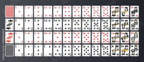 Full deck of playing cards with reversible classic characters on dark background.