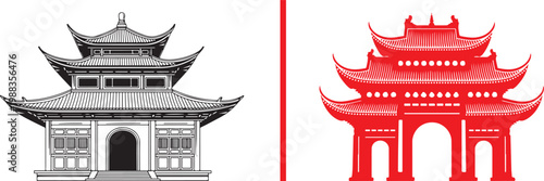 Traditional Chinese temple and gate vector illustration in black line art and red silhouette styles for cultural branding
