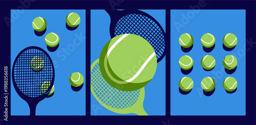 Tennis Sport Poster Set Vector with Racket and Ball Grid on Blue Background for Tournament Championship and Club Promotion posters kit 