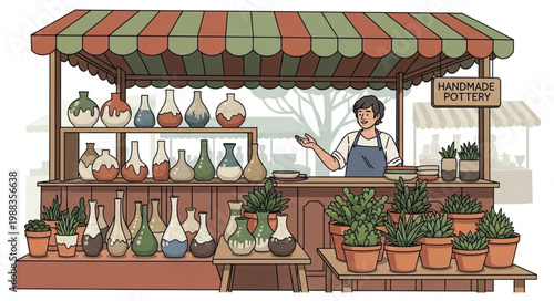 Man selling potions and plants at outdoor market stall.