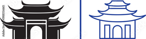 Pagoda temple icons in silhouette and line art styles for Asian travel and cultural design vector illustration