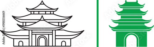 Traditional pagoda temple vector icons featuring line art and solid green silhouette styles for Asian architecture and travel design