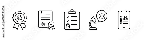 Pest control quality guarantee badge service certificate checklist form laboratory microscope analysis and mobile app monitoring & more vector illustration with editable stroke.