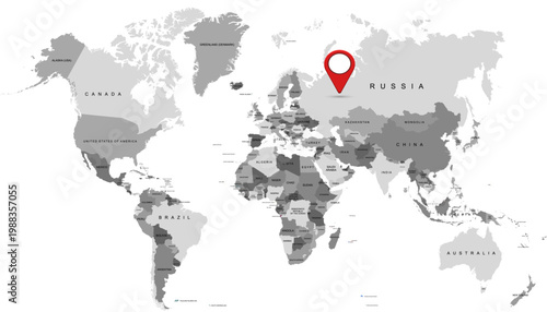 World map. Grey modern vector map. Color pointers.