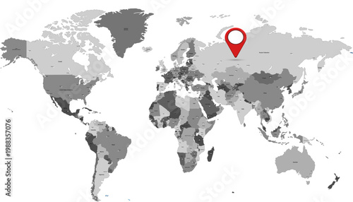World map. Grey modern vector map. Color pointers.