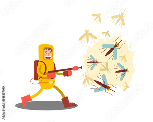 Cartoon exterminator in protective suit spraying mosquitoes, pest control and tropical disease prevention concept in bright medical vector style
