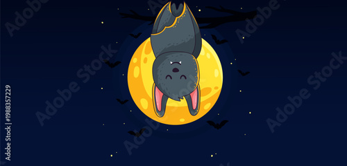 Hanging cartoon bat upside down in front of a glowing yellow moon, spooky night Halloween animal illustration in playful vector style