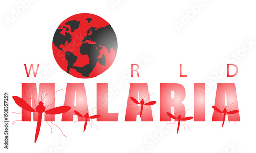 World Malaria Day typography with mosquito silhouettes and globe icon, bold global health awareness poster in clean red vector style