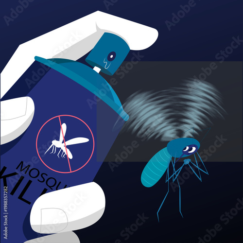 Mosquito repellent spray bottle with warning symbol and flying mosquito, disease prevention and pest control concept in clean medical vector style
