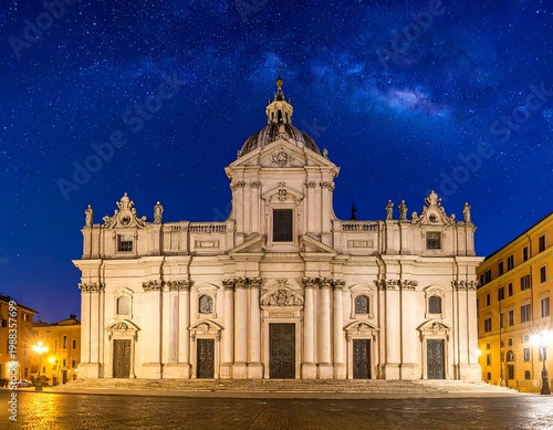 Illuminated, grand church facade under a dark blue night sky filled with a galaxy. City buildings flank on both sides