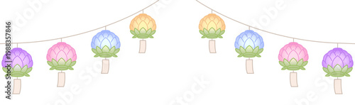 석가탄신일 기념 화려한 색상의 연등 가랜드 일러스트 세트, 한국 전통 축제 장식 요소