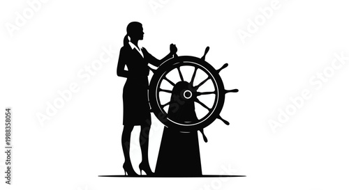 Confident businesswoman steering ship wheel in black silhouette, symbolizing leadership and control in corporate navigation
