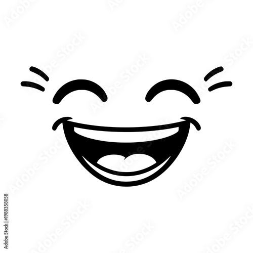 Happy smiling face with a wide open laughing mouth and squinted eyes. Isolated black vector line art icon for cheerful expressions, joy, and humor design.