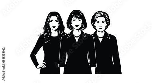 Three professional businesswomen standing together in black and white illustration, confident and successful corporate team, modern office setting