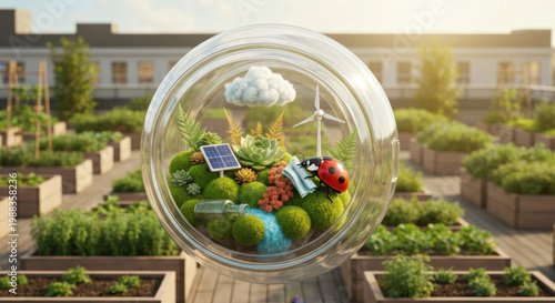 Surreal Floating Upcycled Washing Machine Ecosystem in Urban Garden with Ladybug Polishing Solar Panel