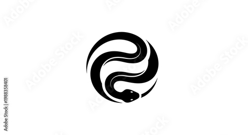 Black Serpent Symbol in Circle, Yin Yang Style, Minimalist, Isolated