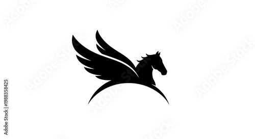 Black silhouette of a winged horse, Pegasus, on a white background, abstract logo concept