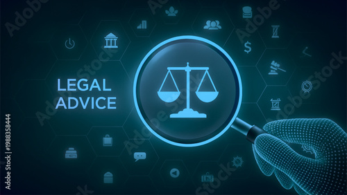 AI legal tech and online legal advice concept. Wireframe robotic hand holding magnifying glass with scales of justice on digital background.