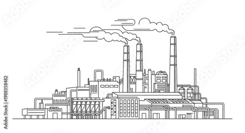 Industrial Factory with Smoke Stacks Emitting Smoke.
