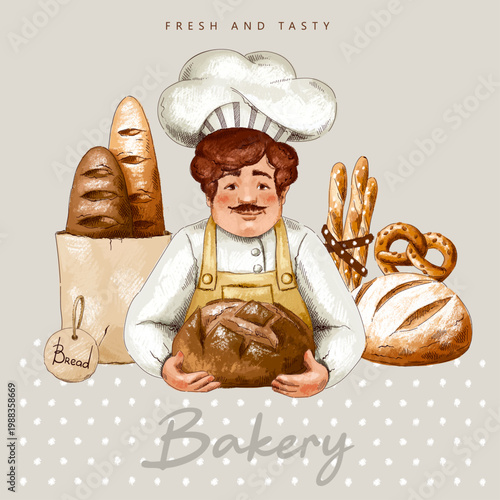 Baker in white tunic, apron and white hat, holding bread in his hands. Kraft bag with loaf, bread sticks and different types of bread. Imitation of pastels, hand-drawn.