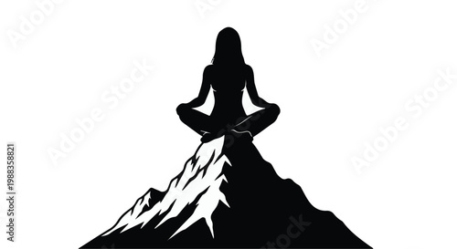 Woman meditating in lotus position on mountain peak in black silhouette against white background for mindfulness and wellness concept