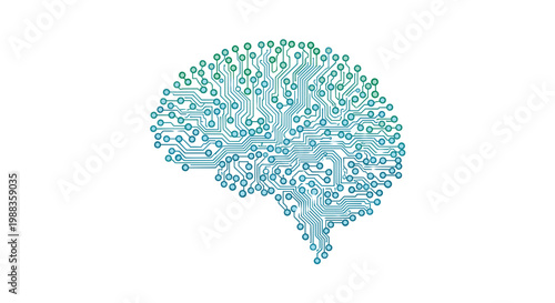 The silhouette of a human brain is meticulously formed by a dense network of glowing blue and green circuit board traces and connections on a white base.