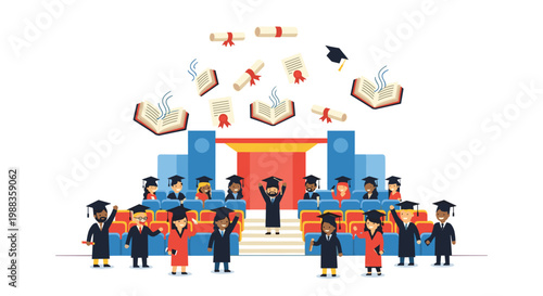 A diverse group of cheerful cartoon graduates stands before colorful auditorium seating while open books and rolled diplomas float through the clear air.