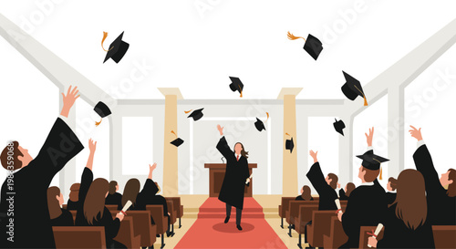 Joyful graduates in traditional black academic robes toss their mortarboards high into the air inside a grand hall featuring a long red carpeted aisle.