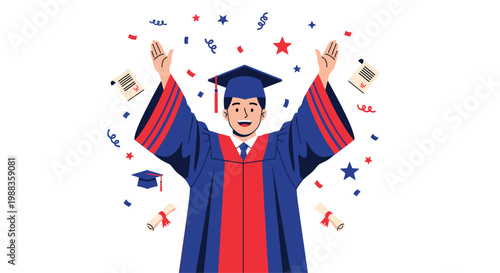 An exuberant male graduate wearing a vibrant blue and red academic gown raises his hands in triumph amidst falling confetti and floating paper scrolls.