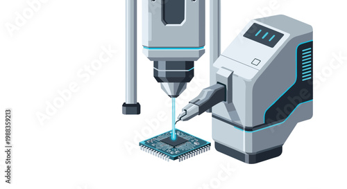 A sophisticated robotic assembly arm utilizes a concentrated blue laser beam to work on a complex electronic microchip in a sterile high-tech space.
