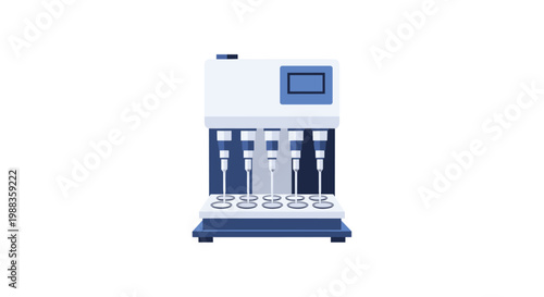 A sleek and professional laboratory diagnostic machine features five precise pipettes for automated liquid handling against a pristine white background.