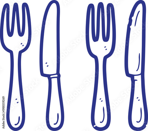 Cartoon style drawing of knives and forks for dining with line art restaurant table setting utensils illustration appetite silverware