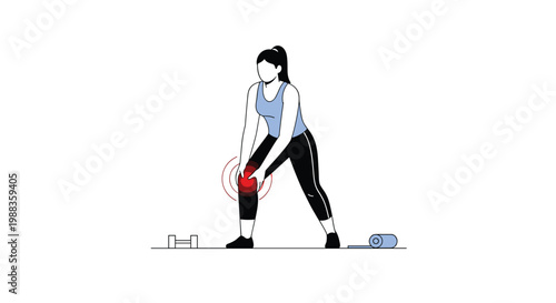 A woman in a blue tank top and black leggings holds her knee which is highlighted with vibrant red pain circles during a strenuous indoor workout session.