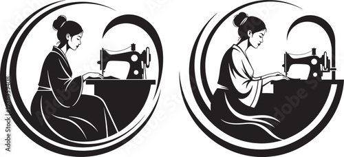 Woman sewing on a vintage sewing machine in a circular frame japanese style apparel design seamstress dressmaker embroidery needlework clothing