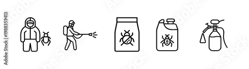 Pest control professional exterminator in protective suit pesticide spray worker insecticide bait bag chemical container and pressure sprayer & more vector illustration with editable stroke.