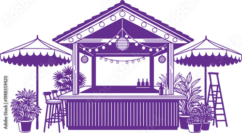 Outdoor bar stand with umbrellas and stools suitable for parties or events refreshments hospitality umbrella tropical illustration vacation