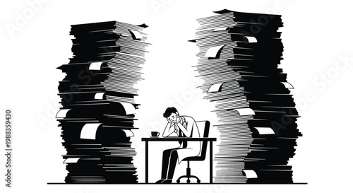 An exhausted medical professional sits slumped at a small desk between two massive and overwhelming pillars of black and white administrative paperwork files.