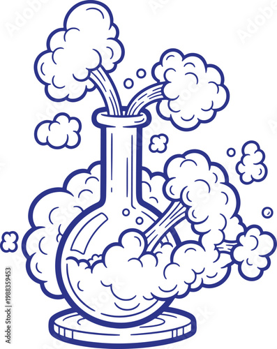 Cartoon outline of a science experiment flask emitting smoke and bubbles with test tube science lab erlenmeyer flask experiment chemistry