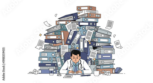 A tired doctor looks completely overwhelmed while sitting behind a desk buried under a massive multi-colored mountain of office binders and loose medical files.