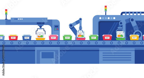 Advanced robotic arms meticulously handle colorful packaged meals along a vibrant blue automated conveyor belt system within a pristine food production factory.