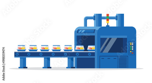 A specialized blue industrial food processing machine operates a short conveyor belt carrying sealed meal containers through an automated manufacturing station unit.
