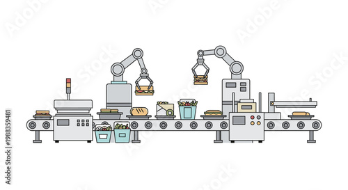 Meticulous grey robotic arms assemble fresh sandwiches and salads along a sophisticated automated conveyor belt system in a modern industrial food laboratory.