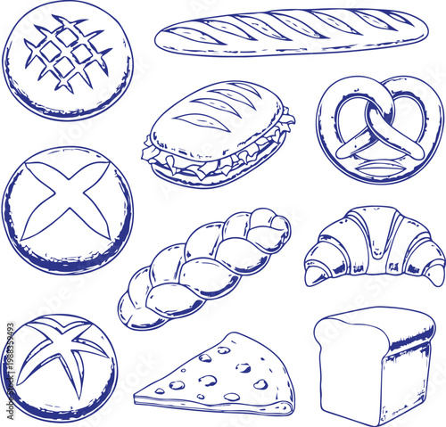 Hand-drawn sketch of various baked goods including bread pretzels croissants with bakery items pastries croissant sandwich baguette illustration