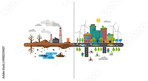 A clean central line divides a gray industrial pollution scene featuring factory chimneys from a colorful green city with active cyclists and turbines.