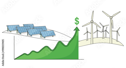 A thick green arrow points sharply upward past a dollar sign symbol connecting blue solar panels and white wind turbines in a financial growth chart.